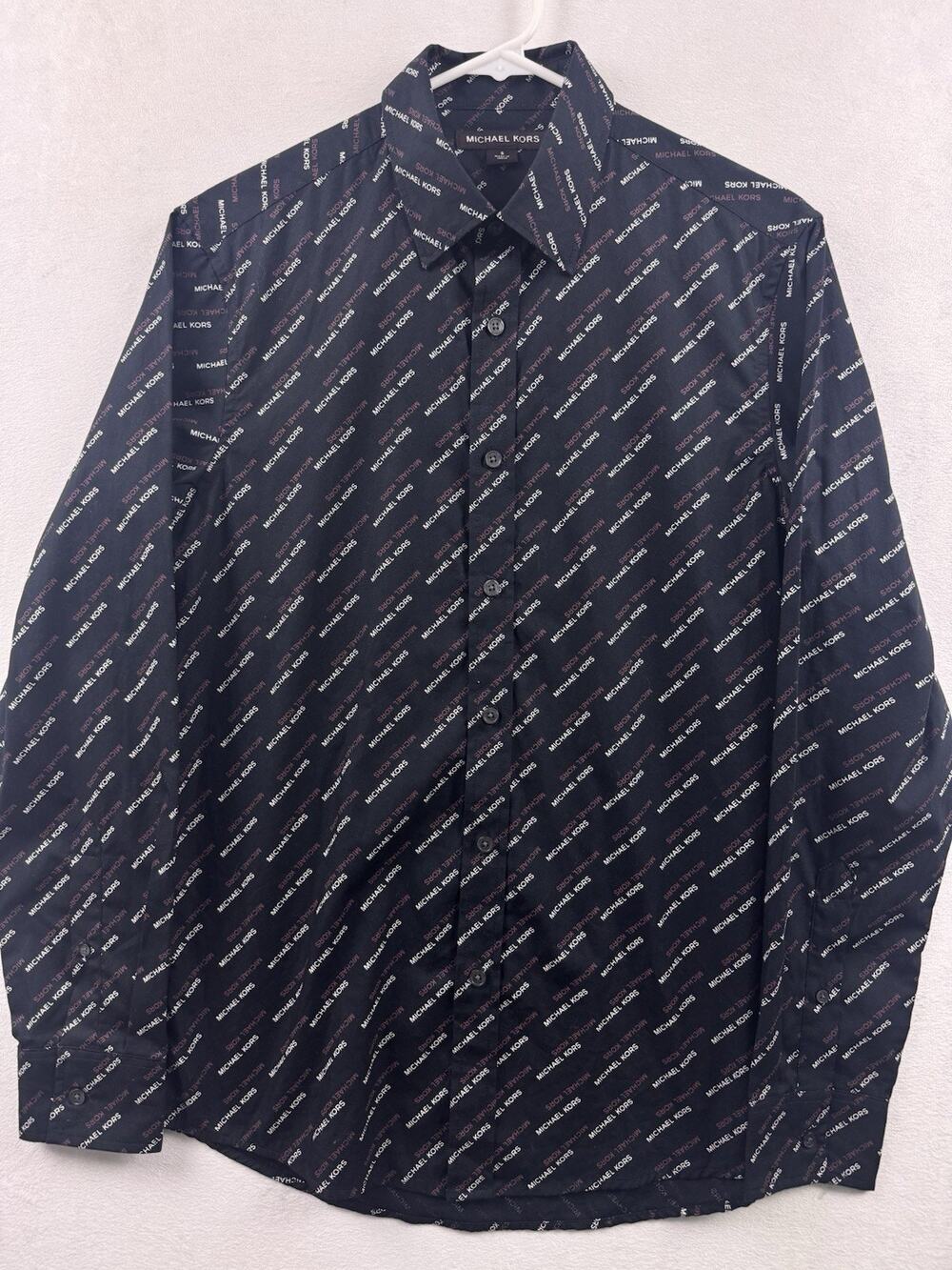 Michael Kors Mens Small Shirt Black All Over Diagonal Monogram Logo Button Down
